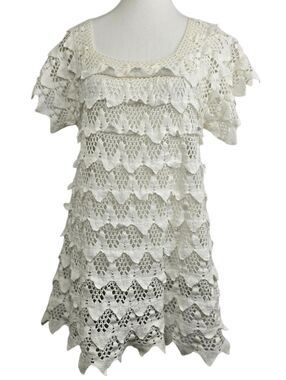 White 3D Crochet Layered Blouse Square Neck Short Sleeve Handmade Boho